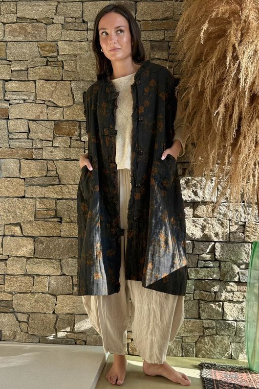 Oriental Bloom Longline Gilet Jacket Navy 